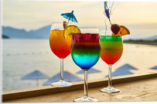 Acrylglas - Kleurrijke Cocktails met Uitzicht op Zee - 60x40 cm Foto op Acrylglas (Met Ophangsysteem)
