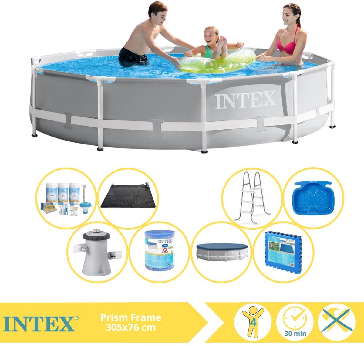 Intex Prism Frame Zwembad – Opzetzwembad – 305×76 cm – Inclusief Afdekzeil, Onderhoudspakket, Filter, Solar Mat, Trap, Voetenbad en Zwembadtegels