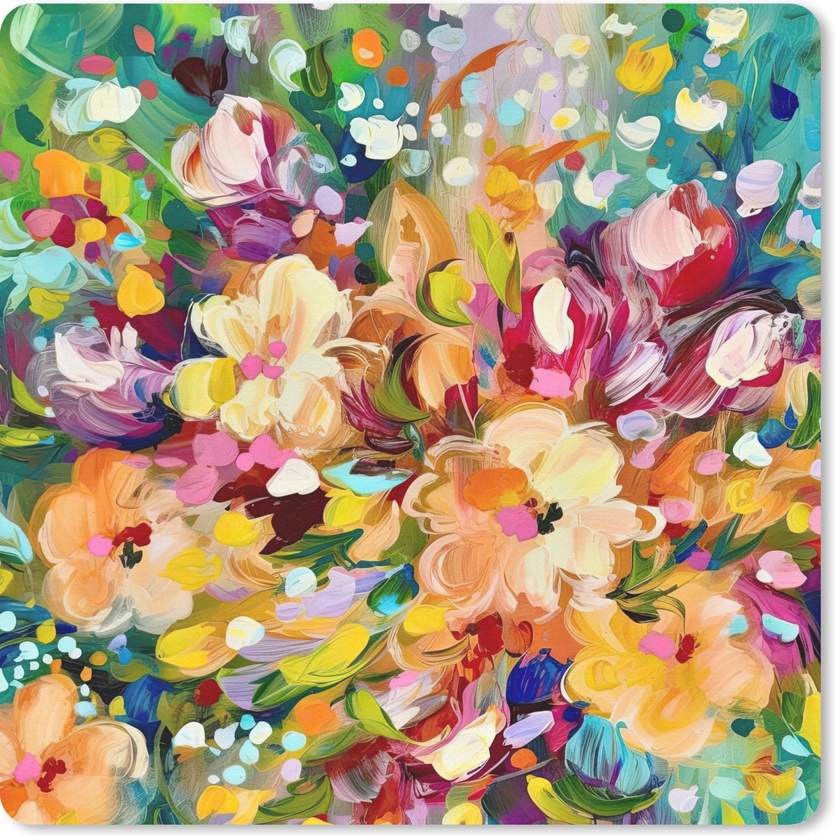 Muismat 30x30 cm - Mousepad Schilderij - Olieverf - Bloemen - Regenboog - Muismatten