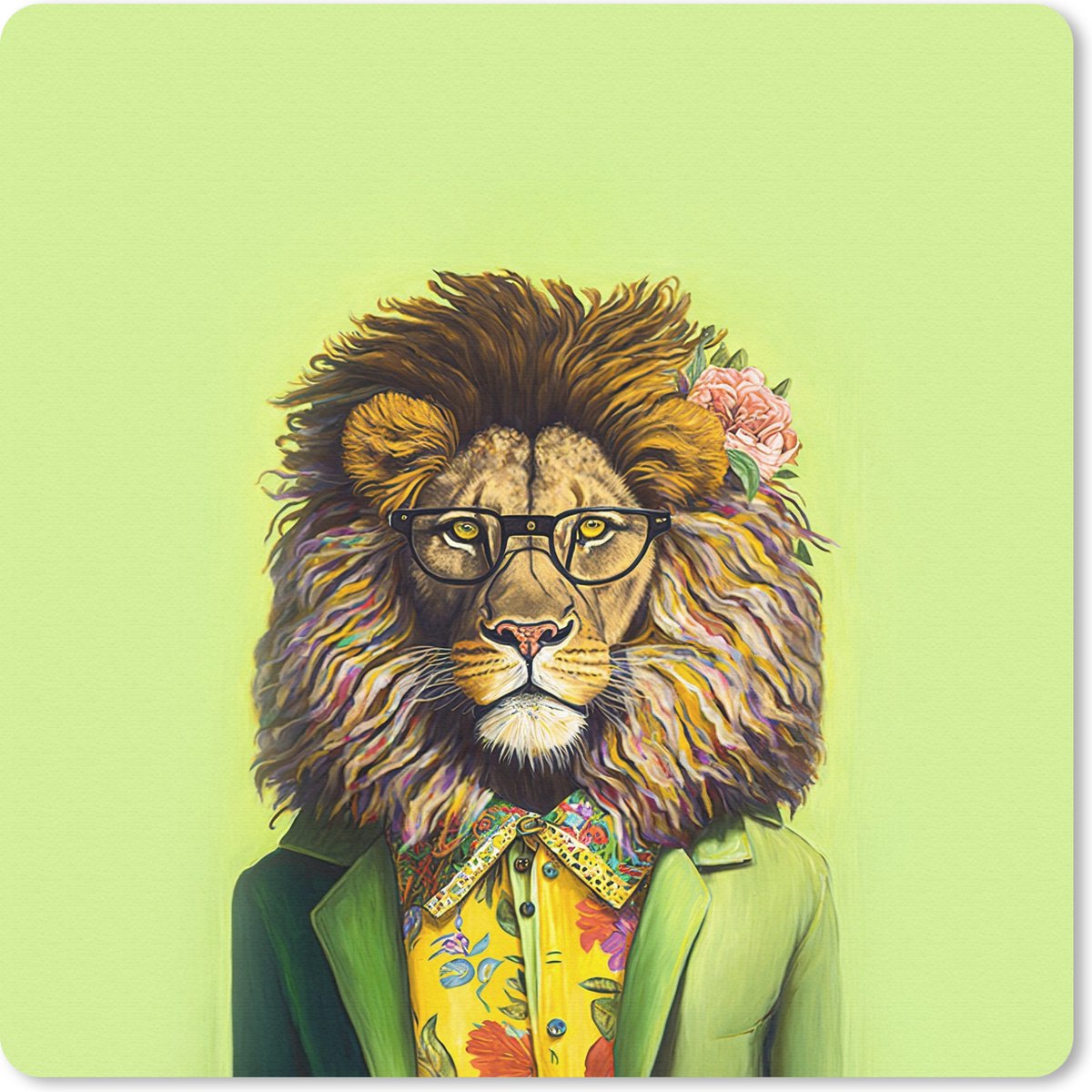 Muismat 30x30 cm - Mousepad Leeuw - Man - Dier - Bril - Bloemen - Muismatten
