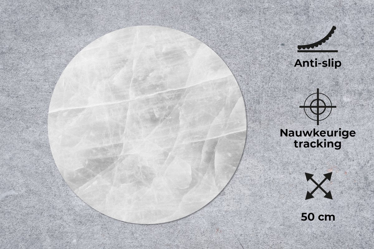 Muismat rond 50x50 cm - Mousepad Marmer - Steen - Wit - Luxe - Marmer printlook - Ronde muismatten