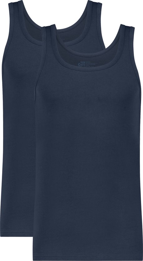 Twee marineblauwe singlets met ronde hals.