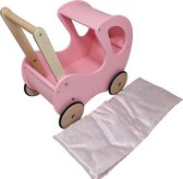 Bol.com Playwood - Houten Poppenwagen roze klassiek met kap - inclusief dekje roze met witte hartjes aanbieding