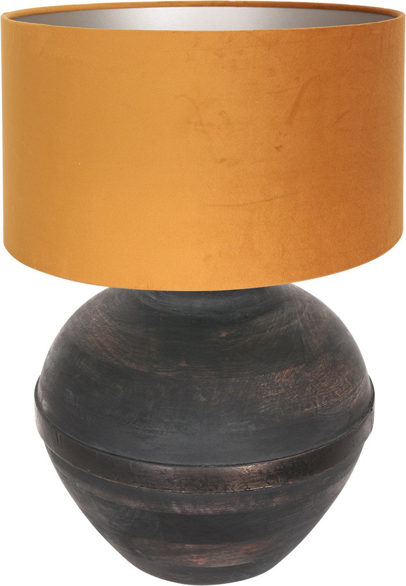 Bolvormige houten tafellamp Lyons met kap | 1 lichts | goud / zwart | hout / stof | Ø 40 cm | 57 cm hoog | dimbaar | modern / sfeervol design