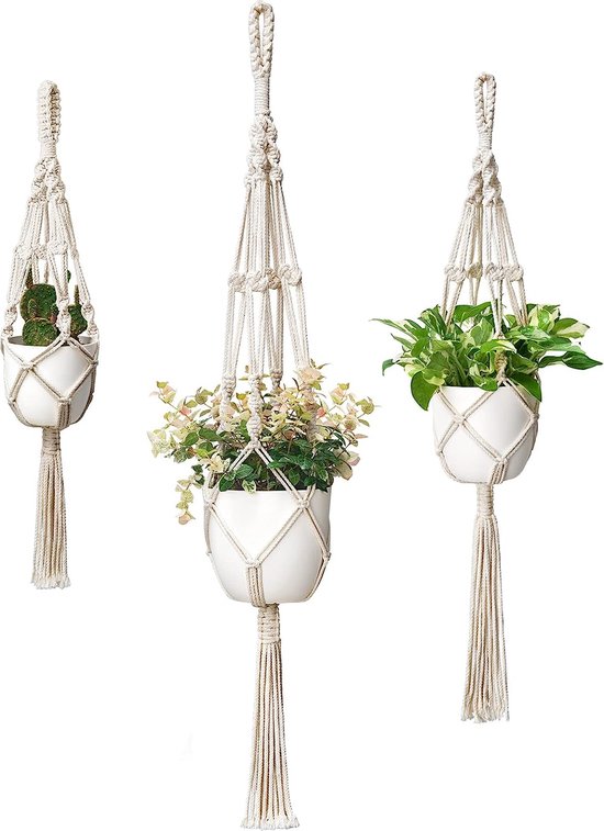 Macramé Hangende Bloemenmand Voor Binnen, Set Van 4 Boho Decoratie Macrame Hangmanden Met Haken Bloempot Van Katoenen Touw Esthetische Boho Kamerdecoratie Hangende Plantenbak Voor Balkonraamdecoratie