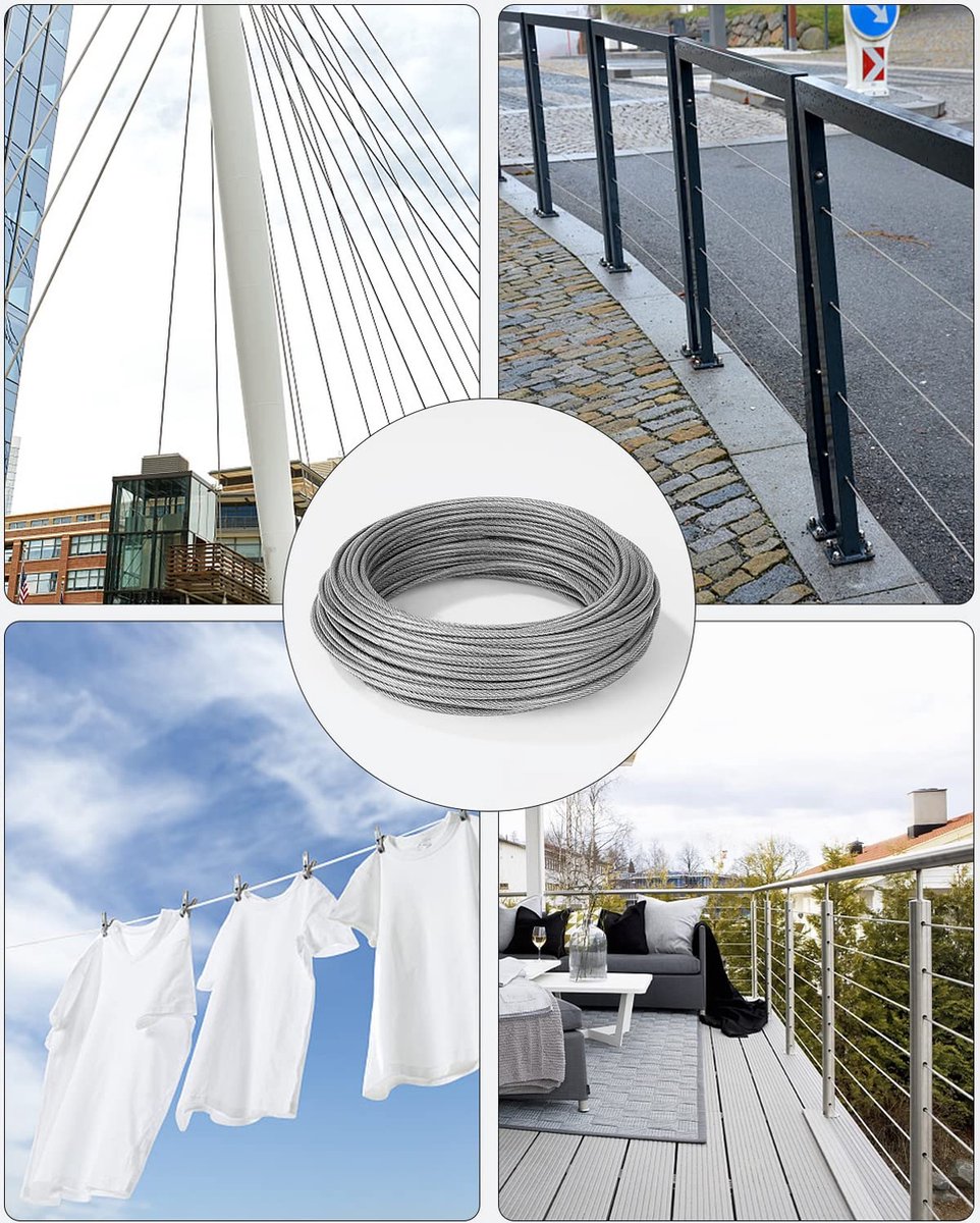 50m Cable Acier 2mm, Fil A Linge Extérieur, 67 Pcs Kit Cable Inox 7x7 PVC Gainé Avec 4 Tendeur, 20 Boucles Sertissage, 10 Cosses Cable, 10 Serre Câbles Acier, 4 Crochets Muraux