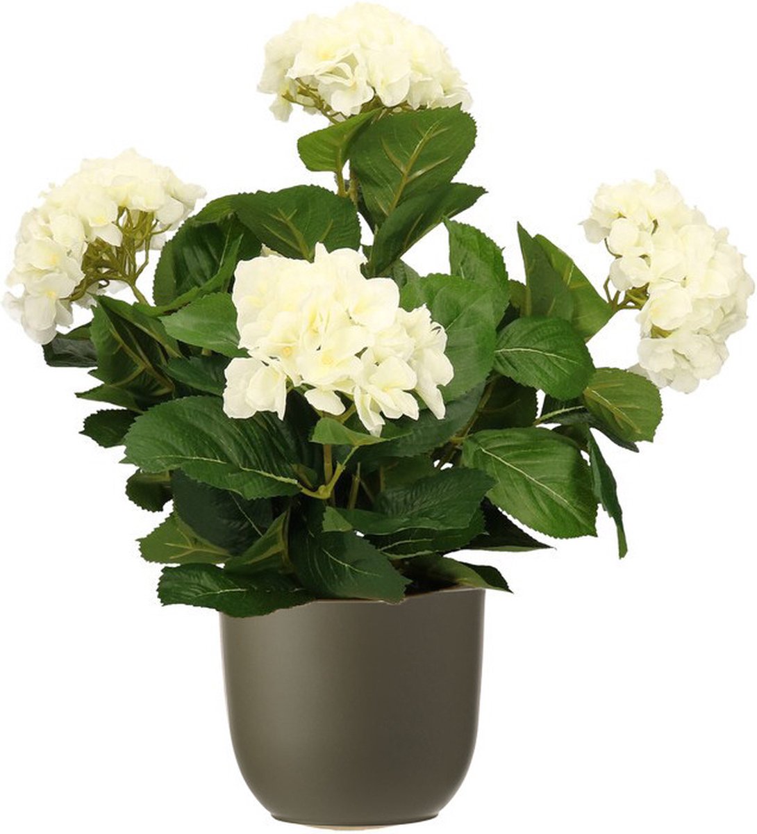 Hortensia kunstplant/kunstbloemen 45 cm - wit - in pot olijfgroen mat - Kunst kamerplant