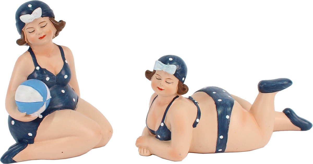Woonkamer decoratie beeldjes 2 dikke dames - donkerblauw badpak - 11 cm