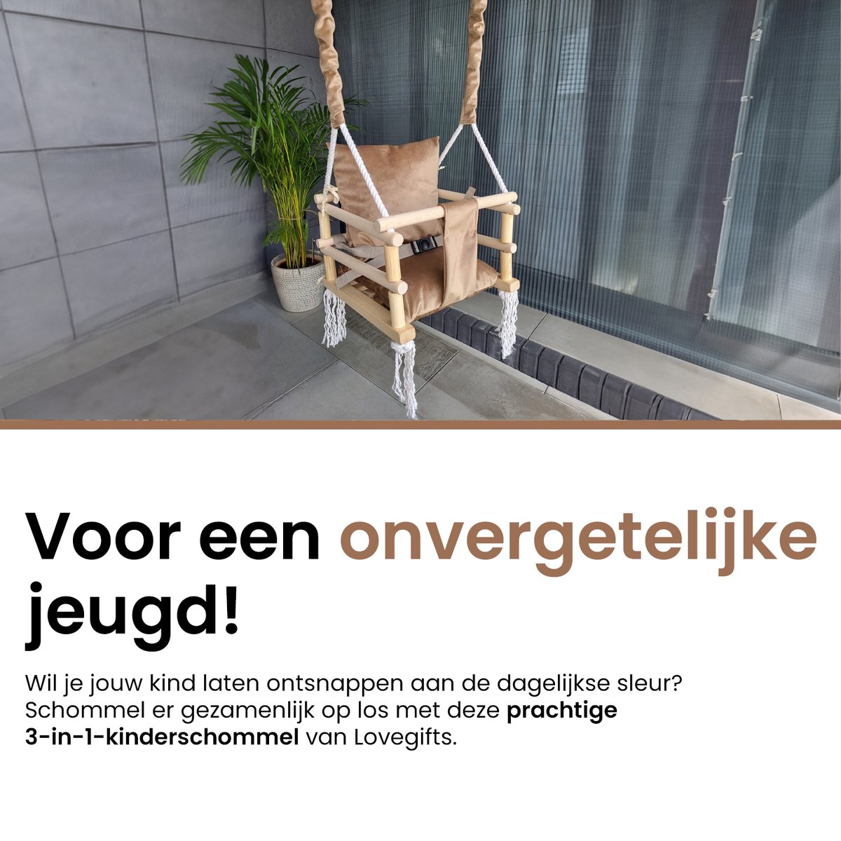 Luxe houten 3 in 1 beige/bruine meegroei baby schommel en Kinder schommel – Baby swing – Schommel die meegroeit met je kindje - Schommelstoel - Schommels - Handgemaakt — afbeelding 2