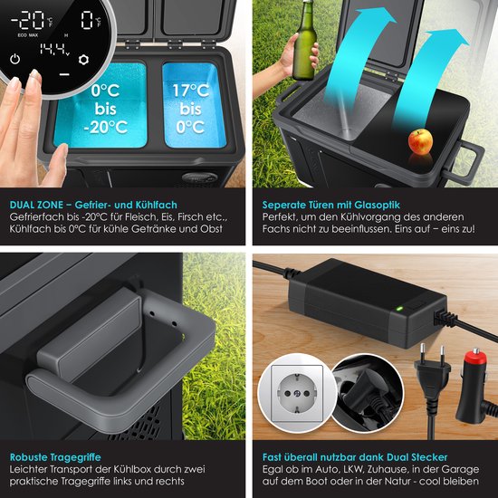 KESSER® Compressor Koelbox 2in1 Dubbele Zone Koeler & Vriezer, Elektrische Vriesbox LED Touch Control 12/24 V 230V, Frigobox Koelen tot -20 °C voor Auto, Vrachtwagen, Kamperen - 40 Liter, Zwart / Antraciet van KESSER — afbeelding 3
