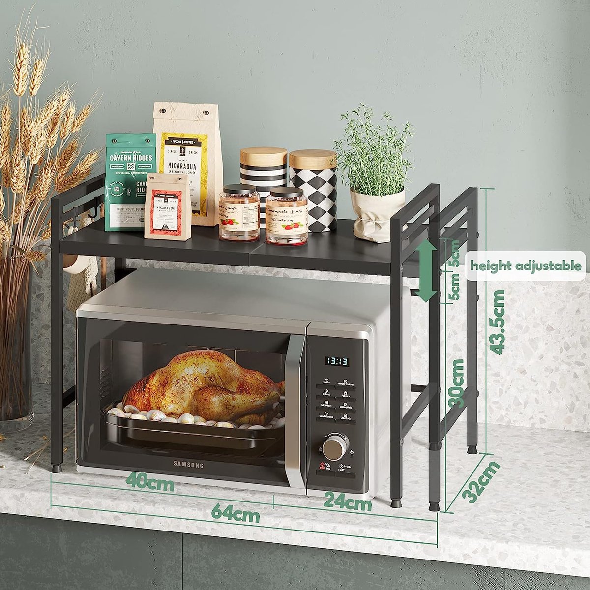 Organisateur Cuisine Extensible Étagère Micro-ondes Extensible 3 Niveaux 40-60 Cm – Kit Complet Avec Crochets, Porte-Planches & Porte-Ustensiles