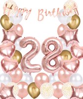 Snoes Ballonnen 28 Jaar Rose Gold White Dots - Compleet Feestpakket met cijfer ballon 28 Jaar - Verjaardag Versiering Slinger Happy Birthday – Folieballon – Latex Ballonnen - Helium Ballonnen - Rose Feestpakket