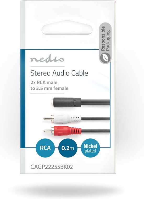 Nedis Stereo-Audiokabel - 2x RCA Male - 3,5 mm Female - Vernikkeld - 0.20 m - Rond - Polybag - Nedis