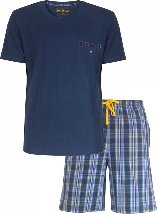 MEQ Heren Shortama - Pyjama Set - Korte Mouwen - 100% Katoen – Navy Blauw - Maat L