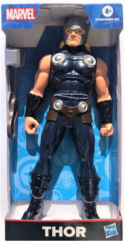 Thor-actiefiguur in verpakking met hamer op een blauwe achtergrond.