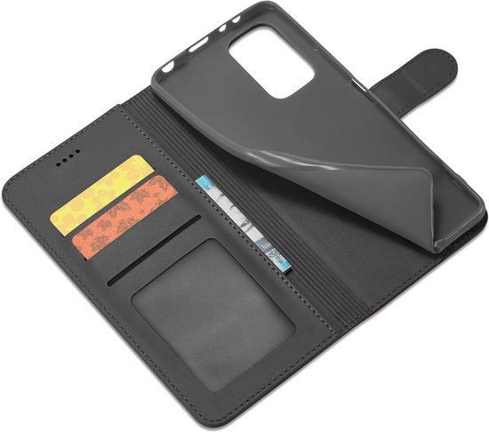 Étui portefeuille noir avec porte-cartes et support de téléphone détachable.