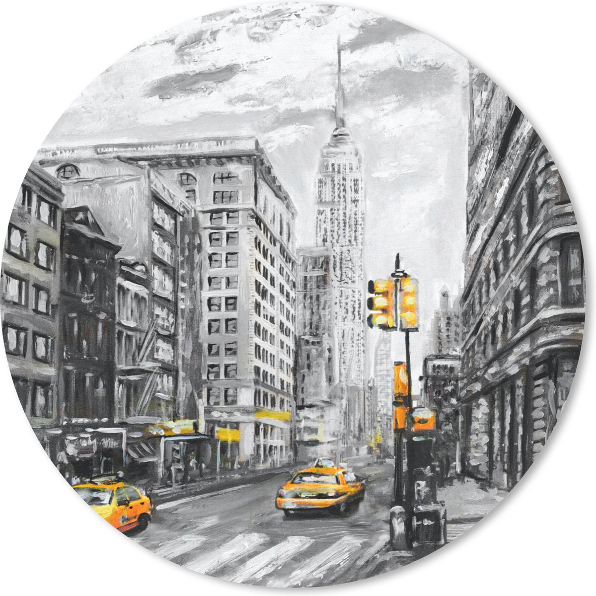 Muismat rond 50x50 cm - Mousepad Schilderij - Stad - Auto - Geel - Ronde muismatten