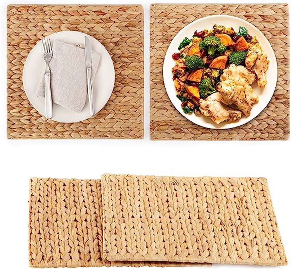 4 Placemats - Vierkant - 30 cm - Hyacint - 100% Natuurlijke Materialen - Makkelijk Te Reinigen