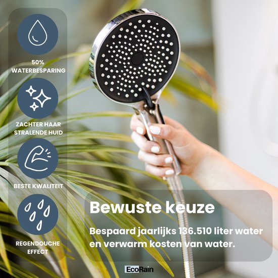 EcoRain© 50% Waterbesparende Douchekop Charly 13 CM met Doucheslang en Waterfilter - 3 Sproeistanden - Universele Aansluiting - Anti-kalk Douchekop - 2 jaar garantie - Chroom