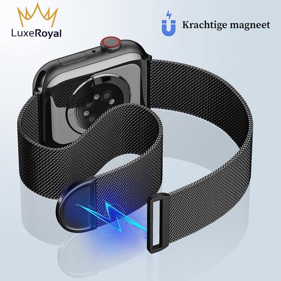 Geschikt voor Apple Watch Bandje Zwart Series 1/2/3/4/5/6/SE/7 38/40/41 mm - iWatch Milanees Polsband Luxe Milanese Loop - Roestvrij staal - Magneet Sluiting - LuxeRoyal