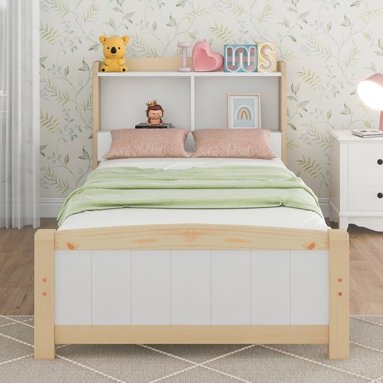 Massief houten opberg-hoofdbord bed 90 x 200 cm -Eenpersoonsbed met houten lattenbodem -Kinderbed jeugdbed massief grenen naturel en wit (Zonder matras en lades)
