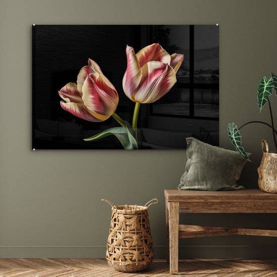 MuchoWow® Peinture sur verre - Tulipes - Fleurs - Rose - Wit - Nature - 120x80 cm - Peintures sur verre acrylique - Photo sur Glas