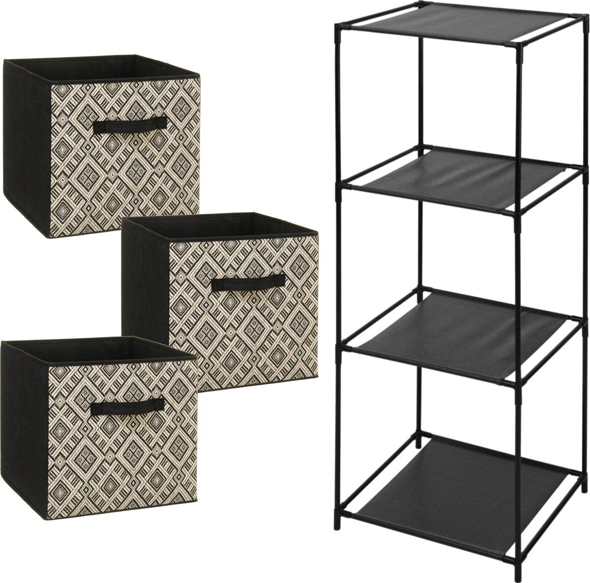 5Five Opbergrek Smartrack - met 3x mandjes stof - zwart/creme - 34 x 98 cm