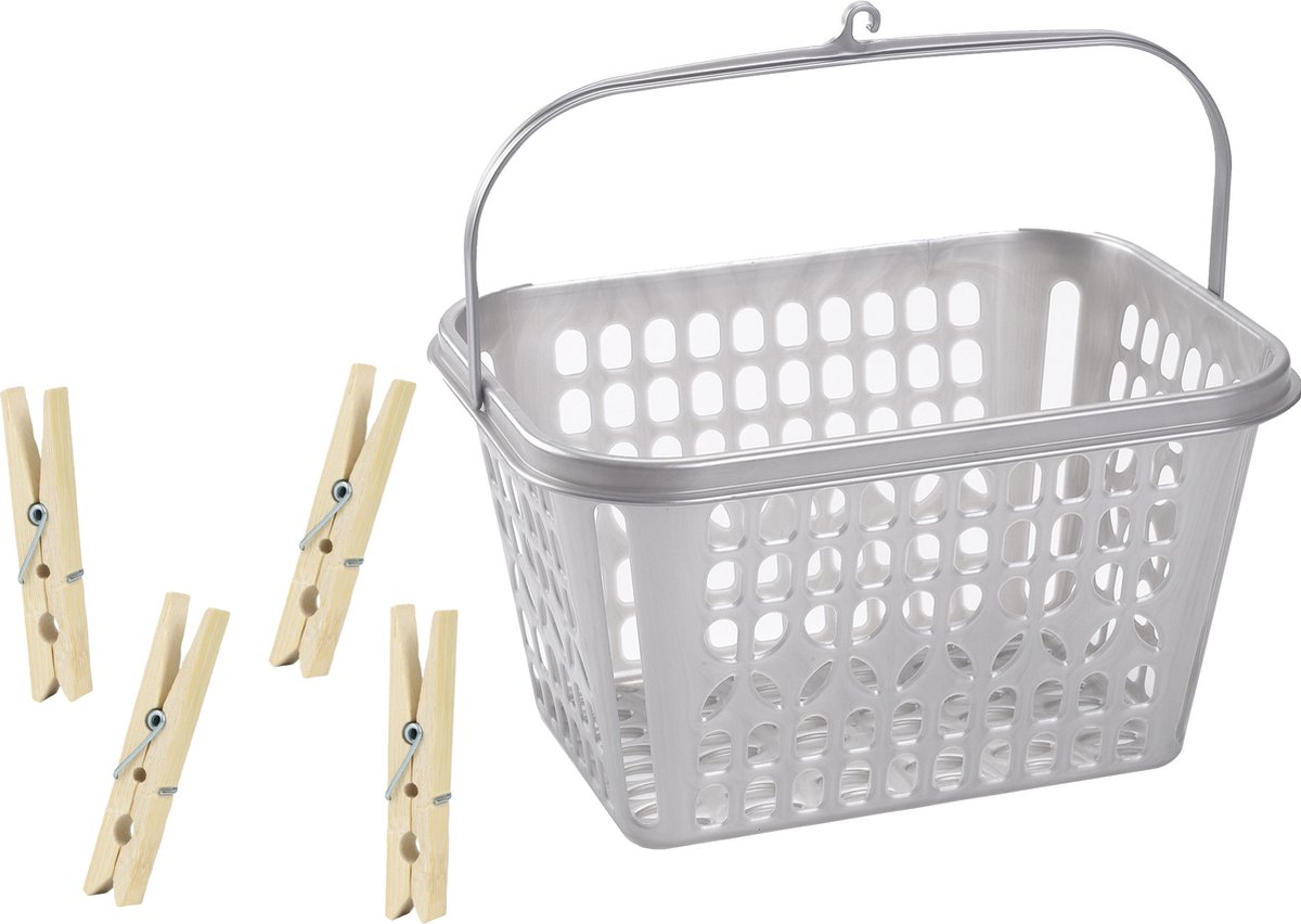 Goedkoopste Wasknijper mandje/bakje - zilver - inclusief 48x wasknijpers - hout