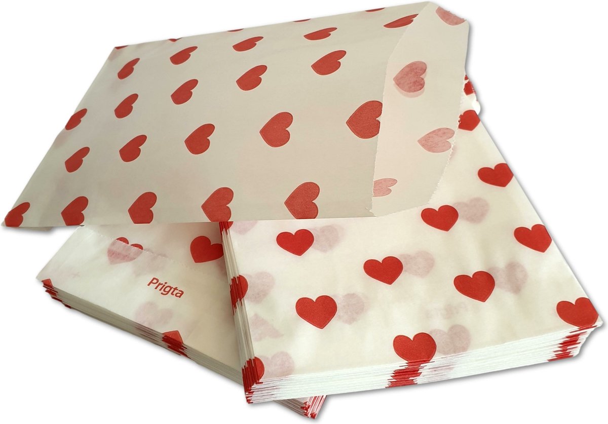 Prigta - Papieren zakjes - 100 stuks - 10x16 cm - wit met rode hartjes - 40 gr/m2 / cadeauzakjes