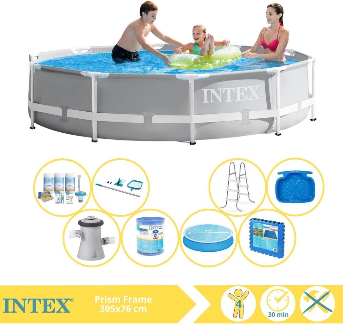 Intex Prism Frame Zwembad – Opzetzwembad – 305×76 cm – Inclusief Solarzeil, Onderhoudspakket, Filter, Onderhoudsset, Trap, Voetenbad en Zwembadtegels
