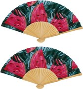 Spaanse handwaaier - 4x - Tropische zomer kleuren print watermeloen - bamboe/papier - 21 cm