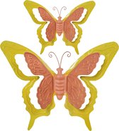 Mega Collections Tuin/schutting decoratie vlinders - metaal - oranje - 17 x 13 cm - 36 x 27 cm