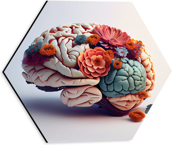 Dibond Hexagon - Hersenen Versierd met Bloemen tegen Beige Achtergrond - 30x26.1 cm Foto op Hexagon (Met Ophangsysteem)
