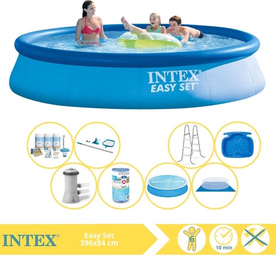 Piscine Intex Easy Set - Piscine gonflable - 396x84 cm - Comprenant couverture solaire, kit d'entretien, filtre, tapis de sol, kit d'entretien, escalier et pédiluve