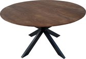 Floor tafel met rond Mango houten blad, doorsnede 130 cm. met facetrand aan onderzijde. Bladkleur bruin gezandstraald. Onderstel is een spinpoot in de kleur zwart.