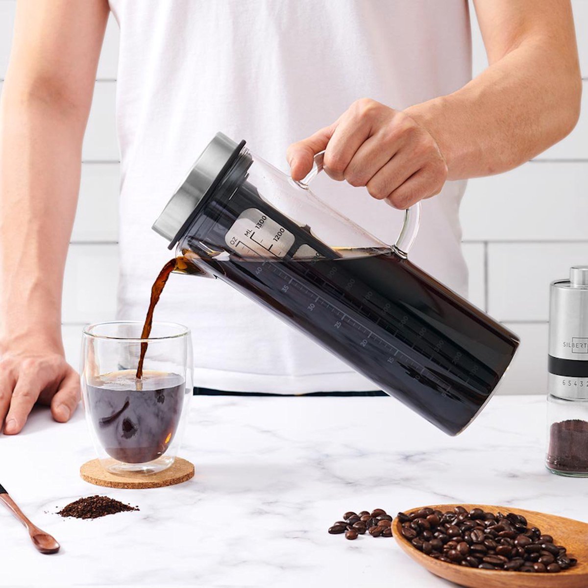 Cafetière Cold Brew SILBERTHAL - 1,2L - Filtre Amovible - Café Froid, Thé Glacé, Eaux Infusées - Compatible Lave-Vaisselle
