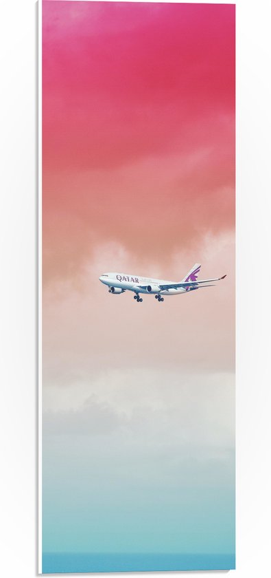PVC Schuimplaat- Wit Passagiersvliegtuig Vliegend in Rozekleurige Lucht - 20x60 cm Foto op PVC Schuimplaat