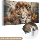 MuchoWow® Glasschilderij 160x80 cm - Schilderij acrylglas - Leeuw - Wilde dieren - Planten - Natuur - Bloemen - Foto op glas - Schilderijen