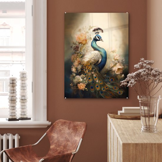 MuchoWow® Peinture sur verre - Paon - Plumes de paon - Fleurs - Vogels - Botanique - 60x80 cm - Peintures sur verre acrylique - Photo sur Glas