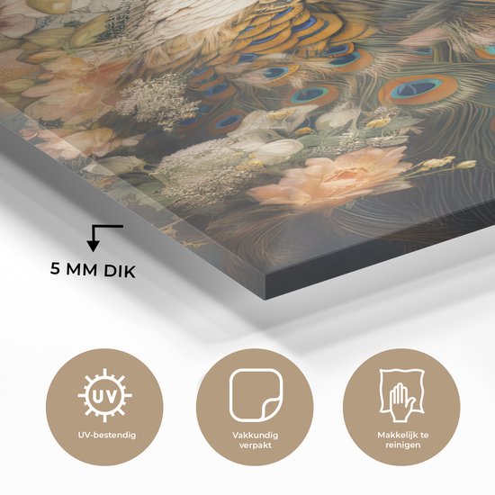 MuchoWow® Peinture sur verre - Paon - Plumes de paon - Fleurs - Vogels - Botanique - 80x120 cm - Peintures sur verre acrylique - Photo sur Glas