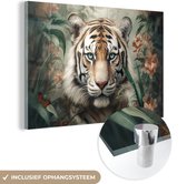 Glasschilderij - Tijger - Bloemen - Blinder - Dieren - Natuur - Glasplaat - Foto op glas - Glasschilderijen woonkamer - Schilderij op glas - 90x60 cm - Muurdecoratie - Wanddecoratie - Slaapkamer - Kamer decoratie