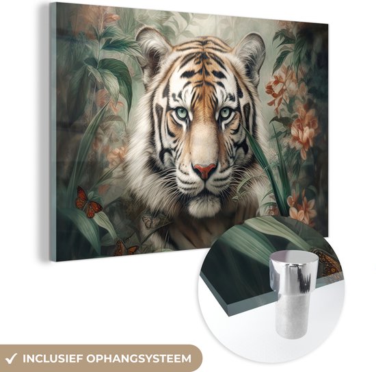 Glasschilderij - Tijger - Bloemen - Blinder - Dieren - Natuur - Glasplaat - Foto op glas - Glasschilderijen woonkamer - Schilderij op glas - 120x80 cm - Muurdecoratie - Wanddecoratie - Slaapkamer - Kamer decoratie