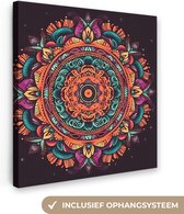Canvas Schilderij Mandala - Bloemen - Hippie - Boho - Oranje - 90x90 cm - Wanddecoratie