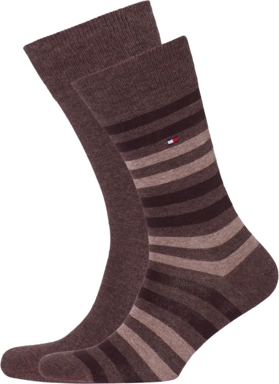 Tommy Hilfiger Duo Stripe Socks (2-pack) - herensokken katoen - gestreept en uni - bruin -  Maat: 39-42