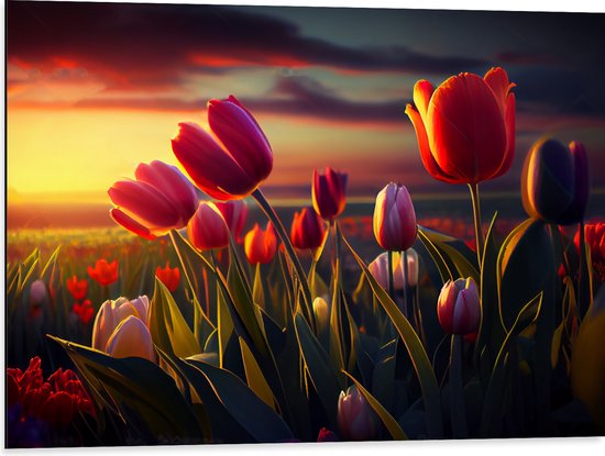 Dibond - Kleurrijke Tulpen in Bloemenveld - 80x60 cm Foto op Aluminium (Met Ophangsysteem)