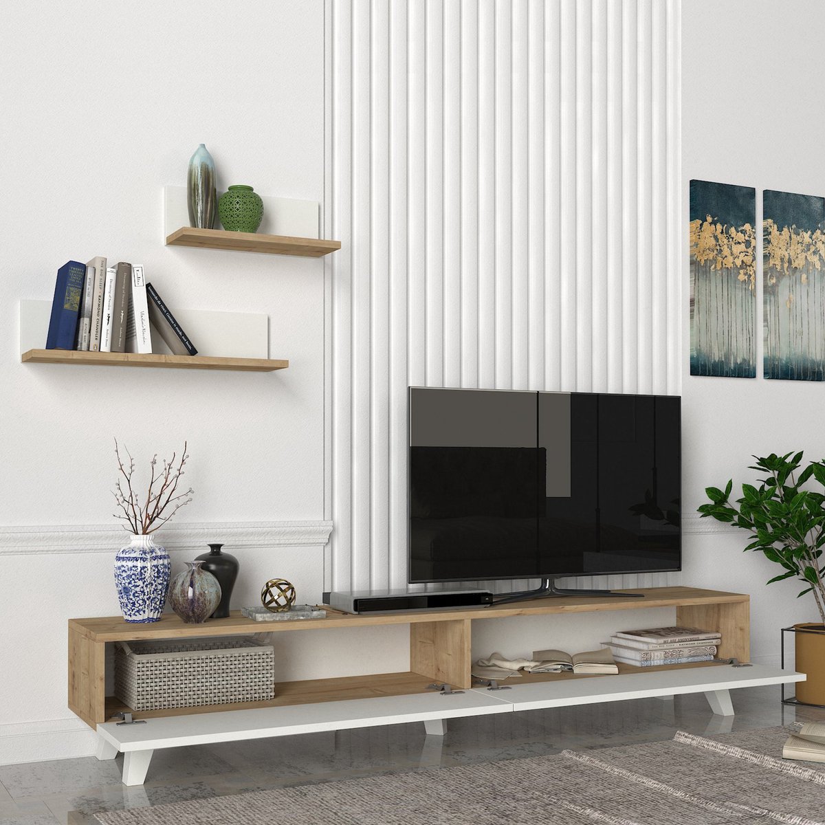 en.casa TV-meubel met plankenset Saarijärvi eiken en wit