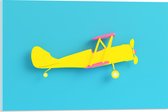 Acrylglas - Zijaanzicht van Felgeel Zweefvliegtuig met Roze Details tegen Blauwe Achtergrond - 60x40 cm Foto op Acrylglas (Wanddecoratie op Acrylaat)