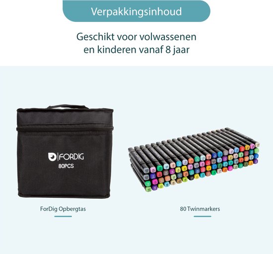 ForDig Twinmarker Set (80 pièces) - Incl. Sac de rangement - Marqueurs jumeaux pour Adultes et Enfants - Marqueurs à Alcohol Dual - Marqueurs Twinmarkers - Marqueurs épais - Stylos à Duo couleurs - Feutres Fineliner à double pointe