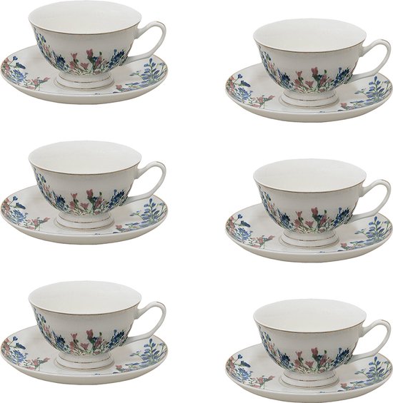 HAES DECO - Kop en Schotel set van 6 - inhoud 250 ml - kleuren Wit / blauw - Bedrukt Porselein met Bloemen - Theeservies, Koffieservies, Theekoppen, Koffiekoppen, Cappuccino