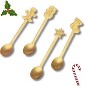 Vrolijke Kerst Lepeltjes set - 4x Theelepel/Koffielepel met kerstfiguren - RVS goud - 17CM
